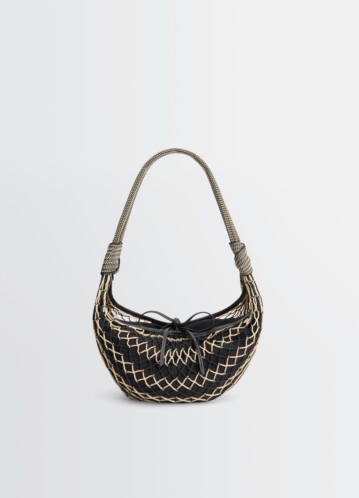 FORTUNE CROISSANT FILT BAG in nylon net with removable bag, product shot, front view woven detail accent