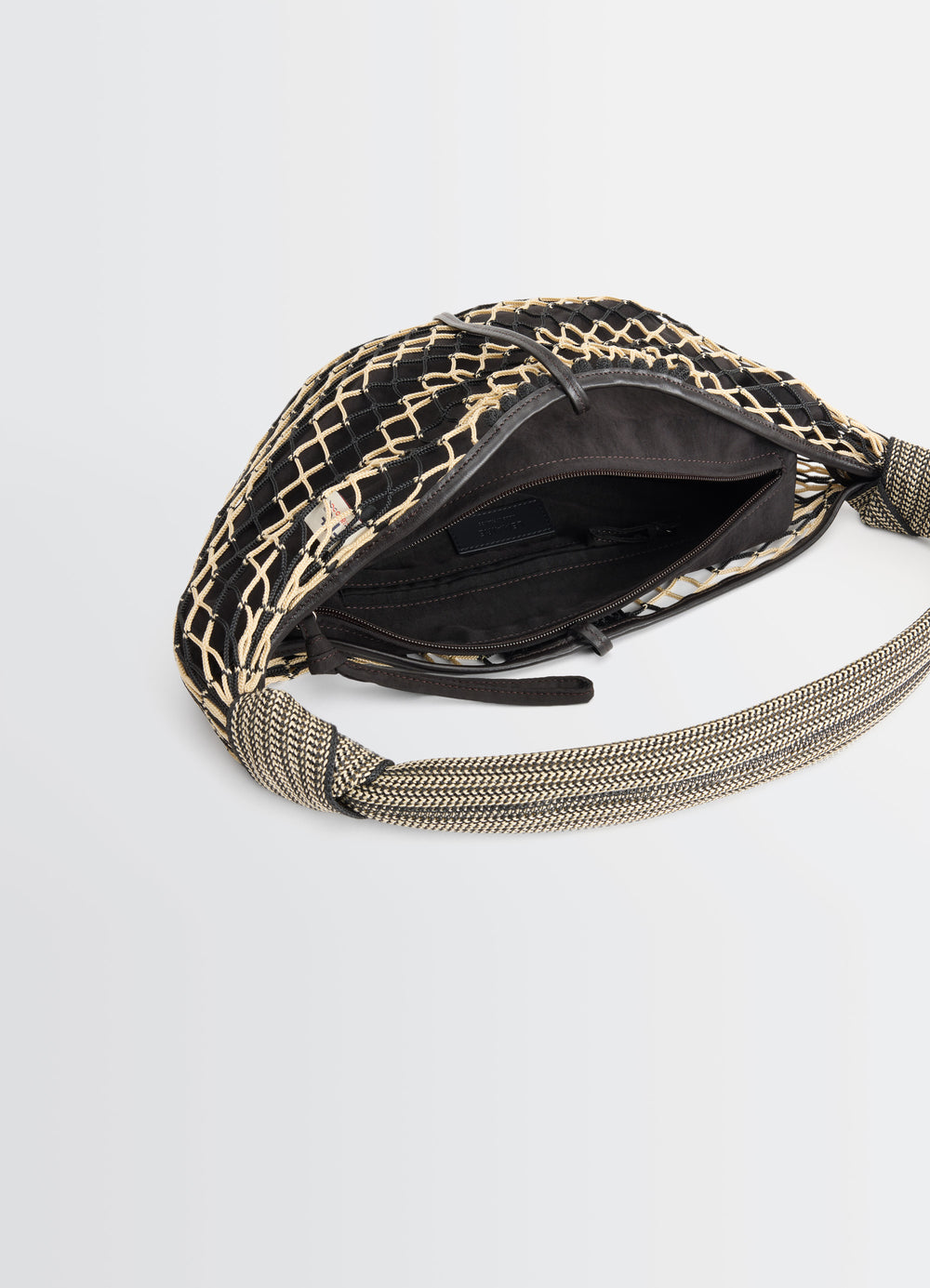 FORTUNE CROISSANT FILT BAG in nylon net with removable bag, product shot, top interior view open top with inside details