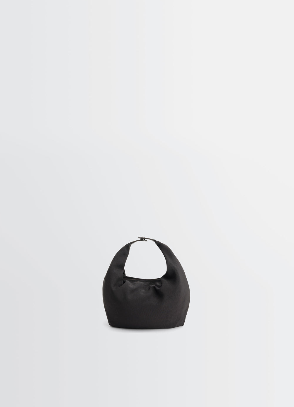 FORTUNE CROISSANT FILT BAG in nylon net with removable bag, product shot, angled front view curved handle silhouette