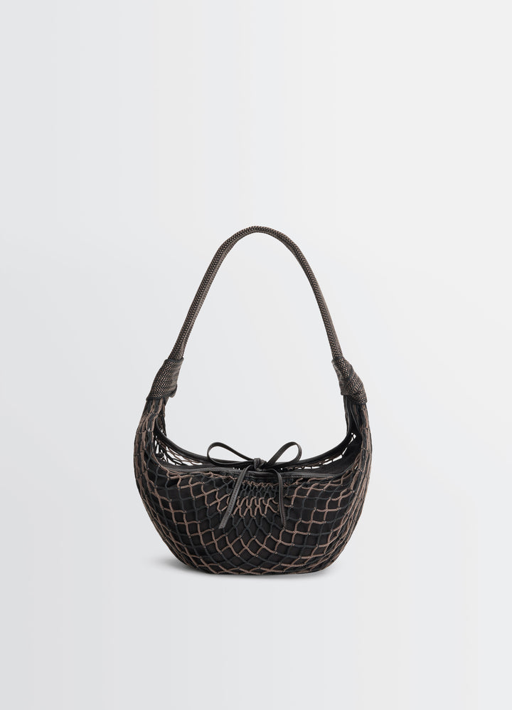 FORTUNE CROISSANT FILT BAG in Nylon net with removable bag, product shot, front view structured shape with bow