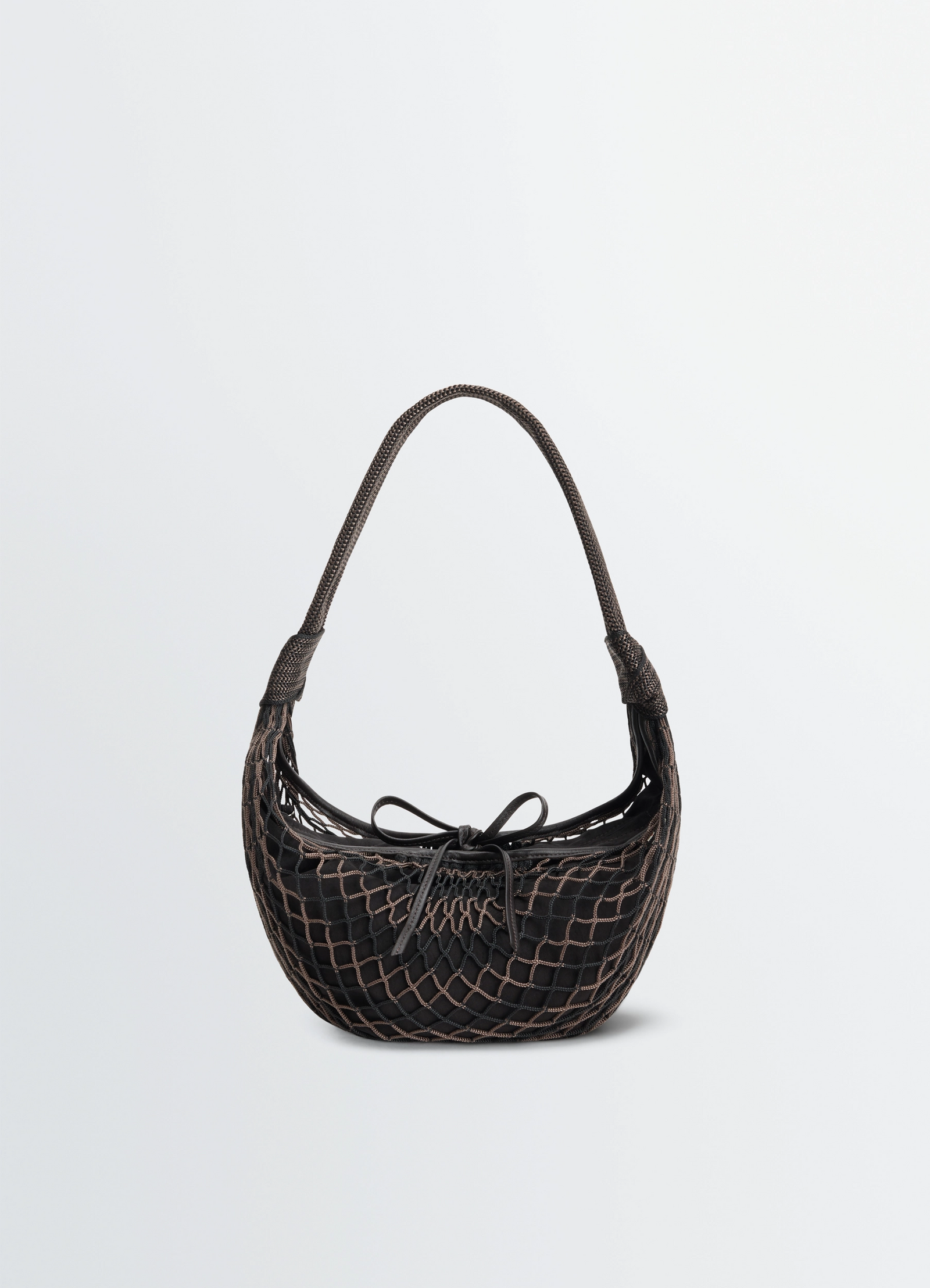 Fortune croissant filt bag in black nylon net, product shot, front view removable inner bag