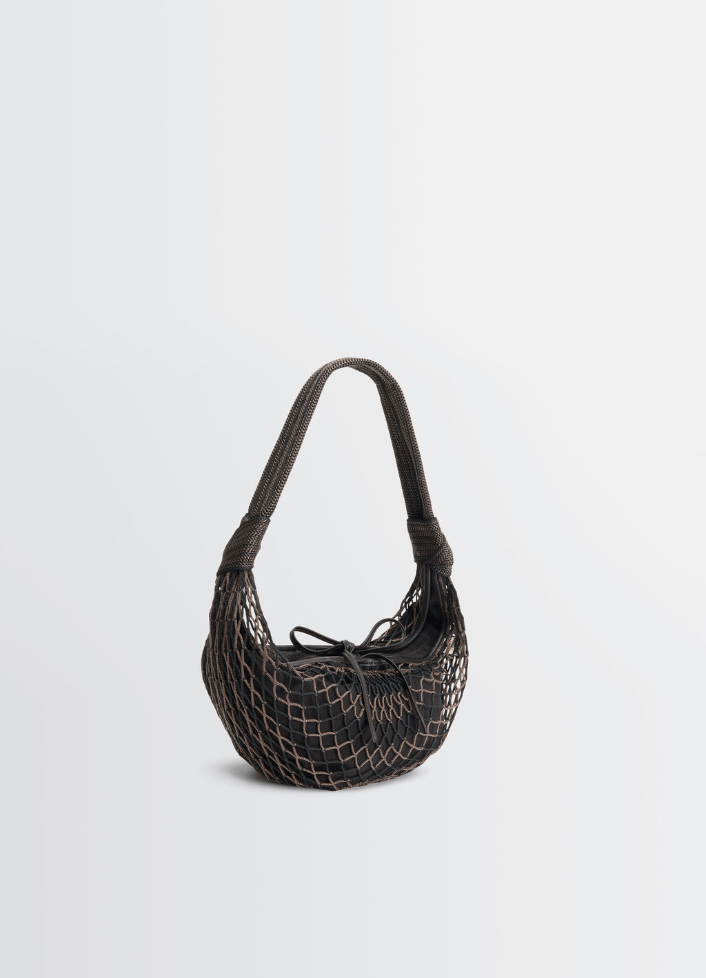 FORTUNE CROISSANT FILT BAG in Nylon net with removable bag, product shot, three-quarter view textured net design
