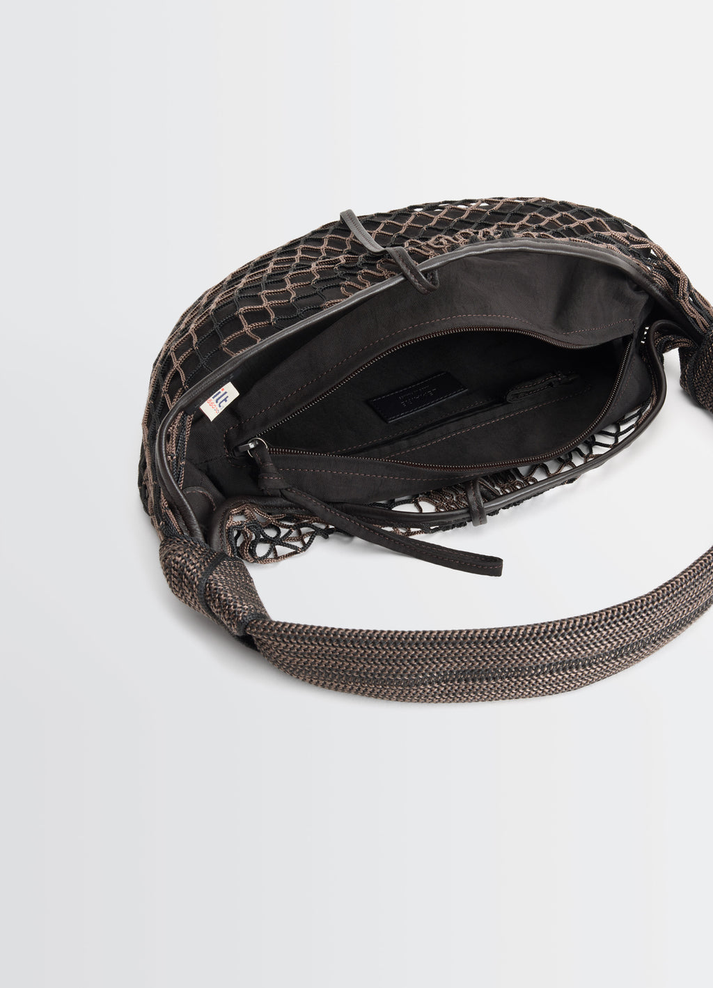 FORTUNE CROISSANT FILT BAG in Nylon net with removable bag, product shot, top detail view open interior with zip pocket