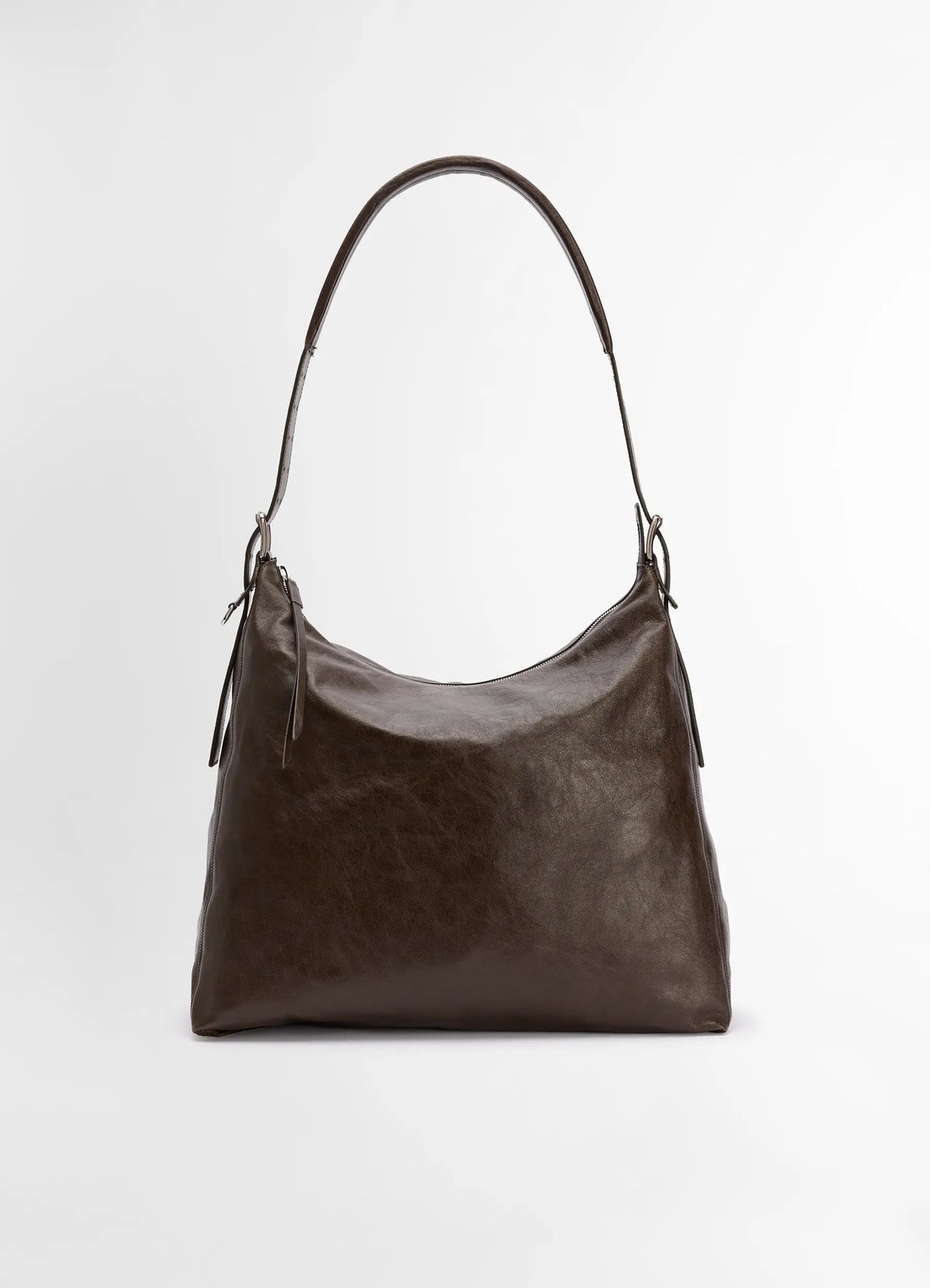 Lemaire belted hobo bag in thin shiny leather, product shot, front view rounded body shape
