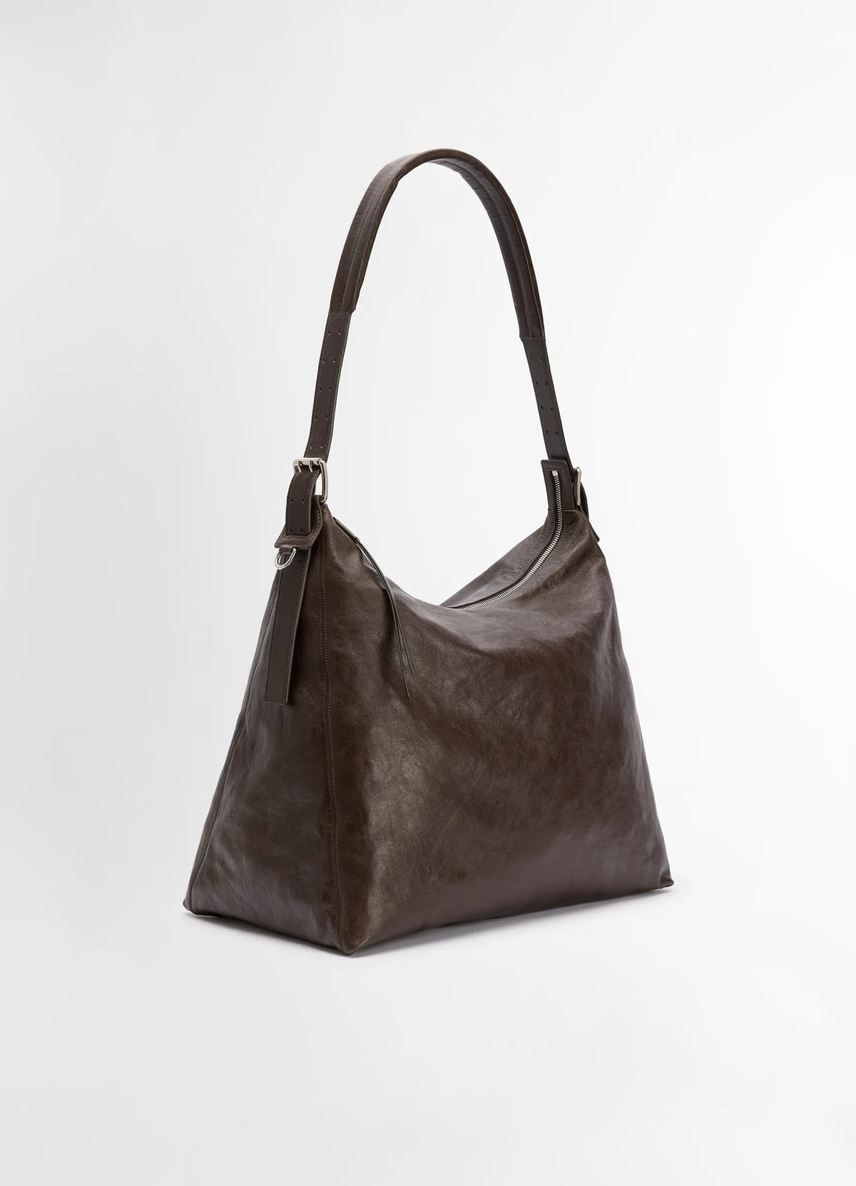 Lemaire belted hobo bag in thin shiny leather, product shot, angled top view long strap design