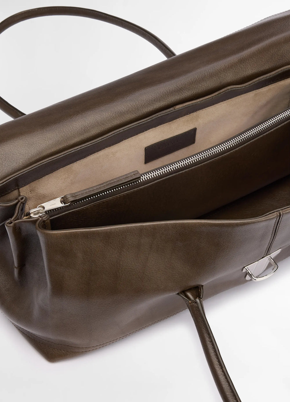 Lemaire Shoulder Gear Bag in Glossy Vegetable Nappa Leather, product shot, inside detail shot interior zipper pocket
