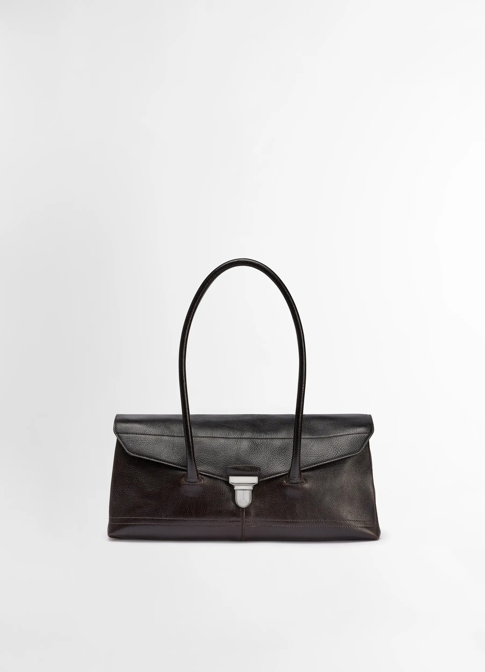Lemaire shoulder gear bag in dark brown vegetable-tanned leather, product shot, front view twin handles