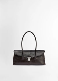 Lemaire Shoulder Gear Bag in Dark Brown Vegetable-Tanned Leather, product shot, front view twin handles