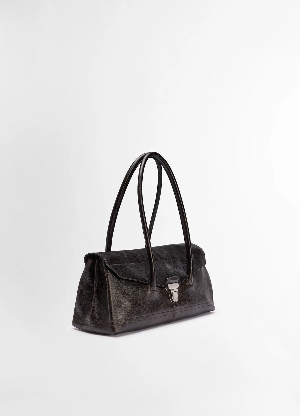 Lemaire Shoulder Gear Bag in Dark Brown Vegetable-Tanned Leather, product shot, three-quarter view elongated twin handles