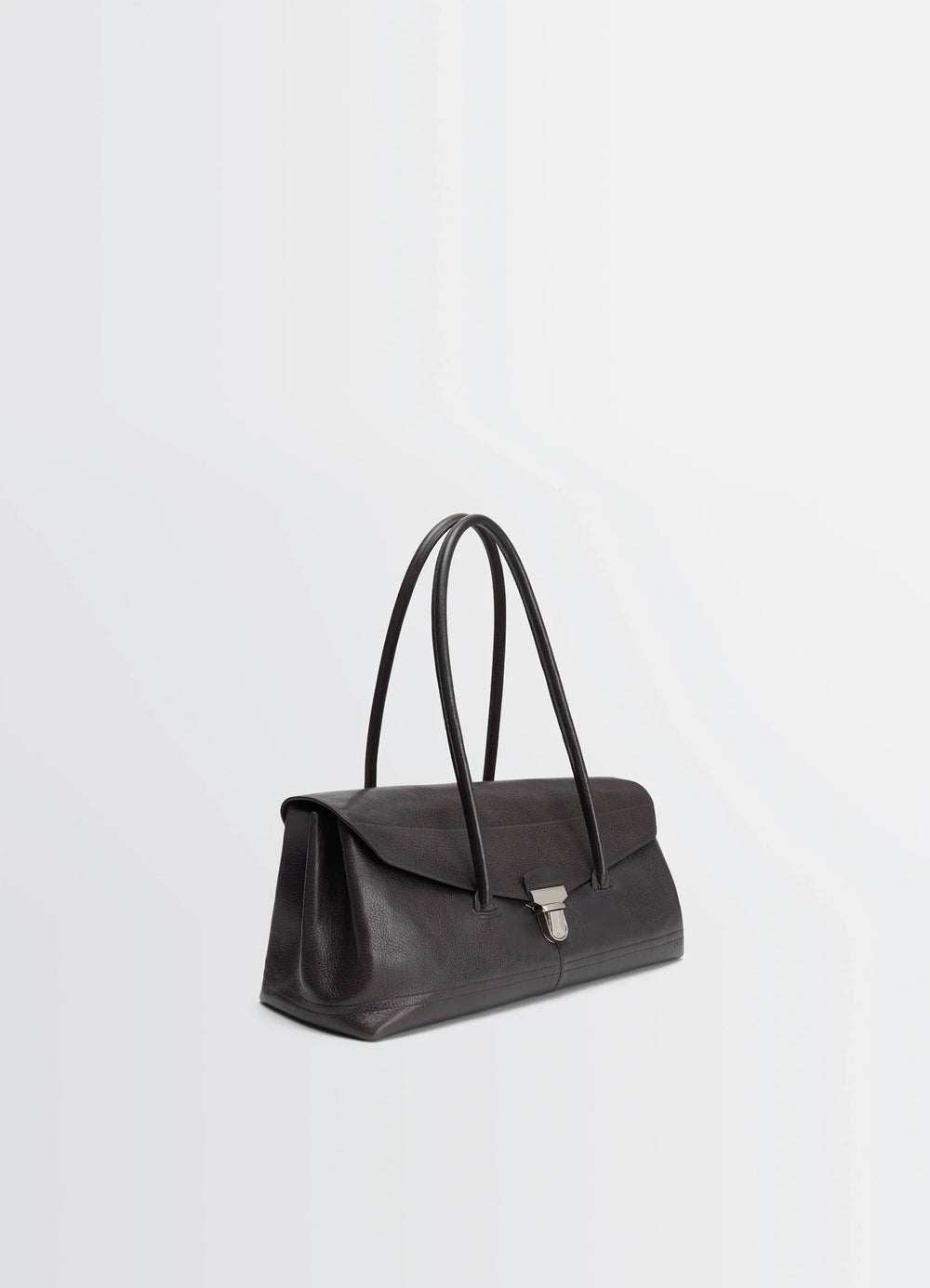 Lemaire Shoulder Gear Bag in Glossy Vegetable-Tanned Leather, product shot, three-quarter view visible clasp detail