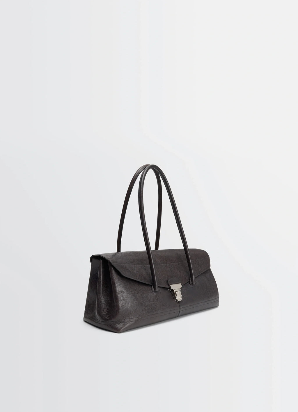 Lemaire Shoulder Gear Bag in Glossy Vegetable-Tanned Leather, product shot, three-quarter view visible clasp detail