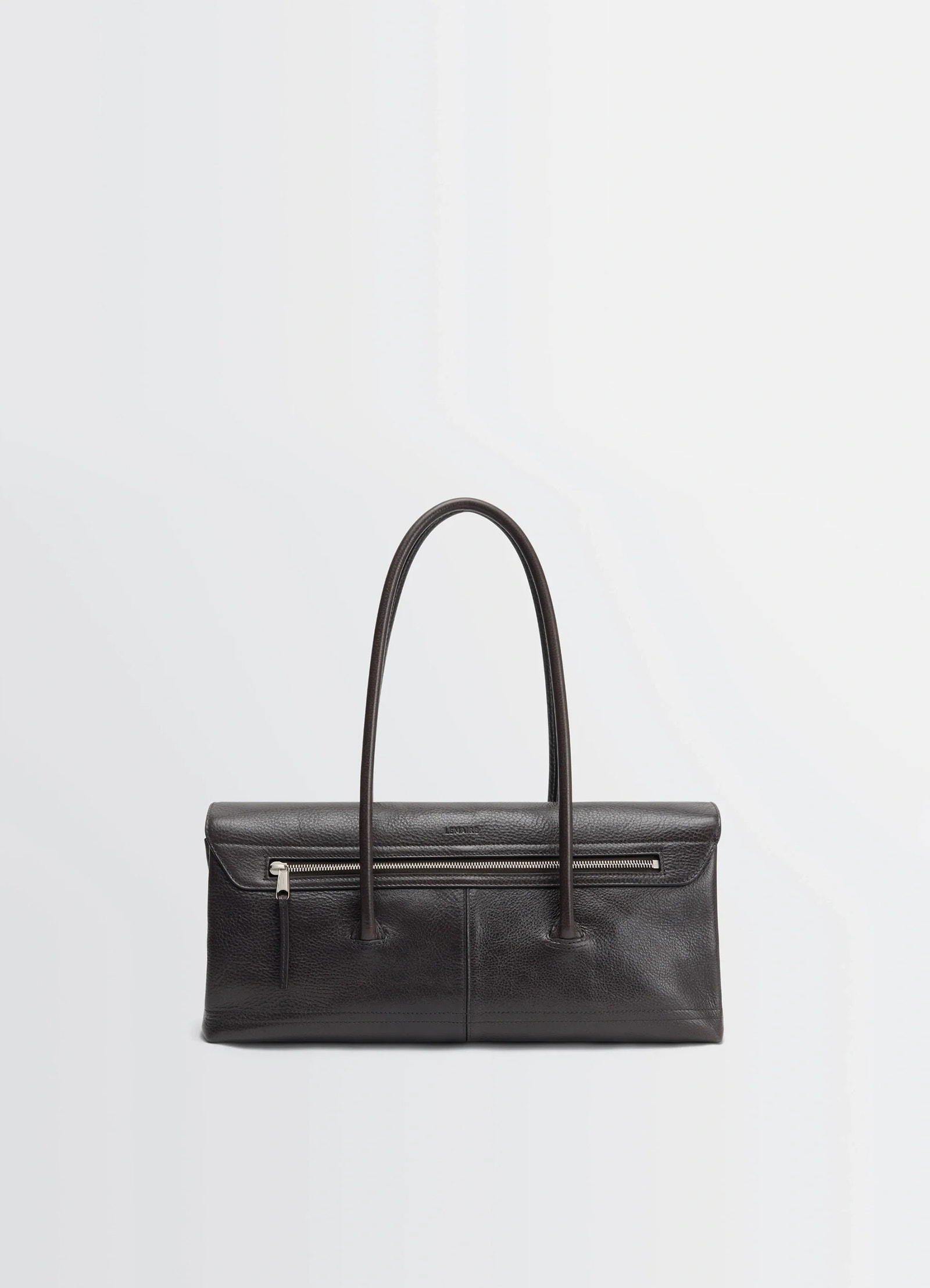 Lemaire shoulder gear bag in glossy vegetable-tanned leather, product shot, back view dual zip pocket
