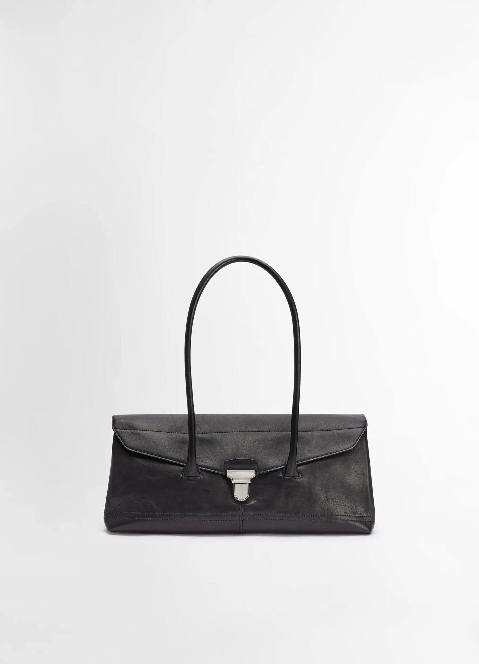 Lemaire shoulder gear bag in black vegetable tanned nappa, product shot, front view sleek rectangular shape