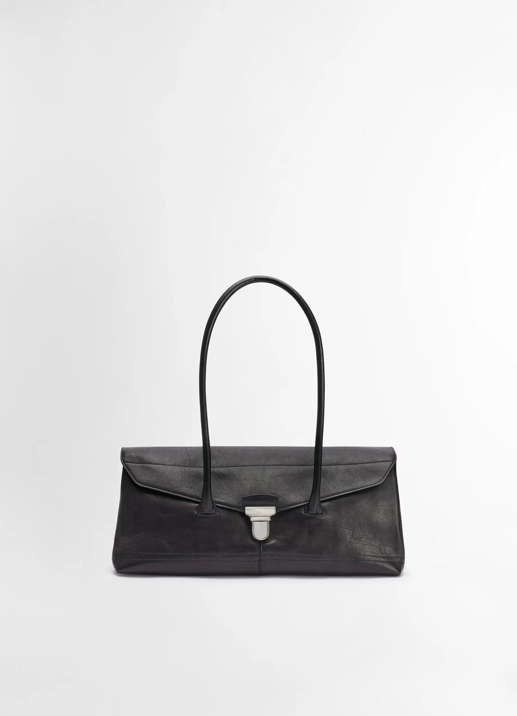 Lemaire Shoulder Gear Bag in Black Vegetable Tanned Nappa, product shot, front view sleek rectangular shape