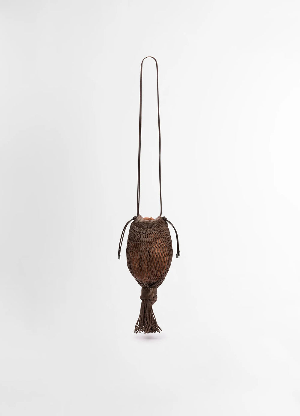 Octopus Croissant Filt Bag in Net with Leather Details, product shot, front view tassel bottom detail