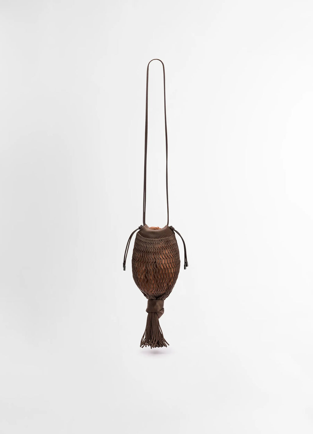 Octopus Croissant Filt Bag in Net with Leather Details, product shot, front view tassel bottom detail