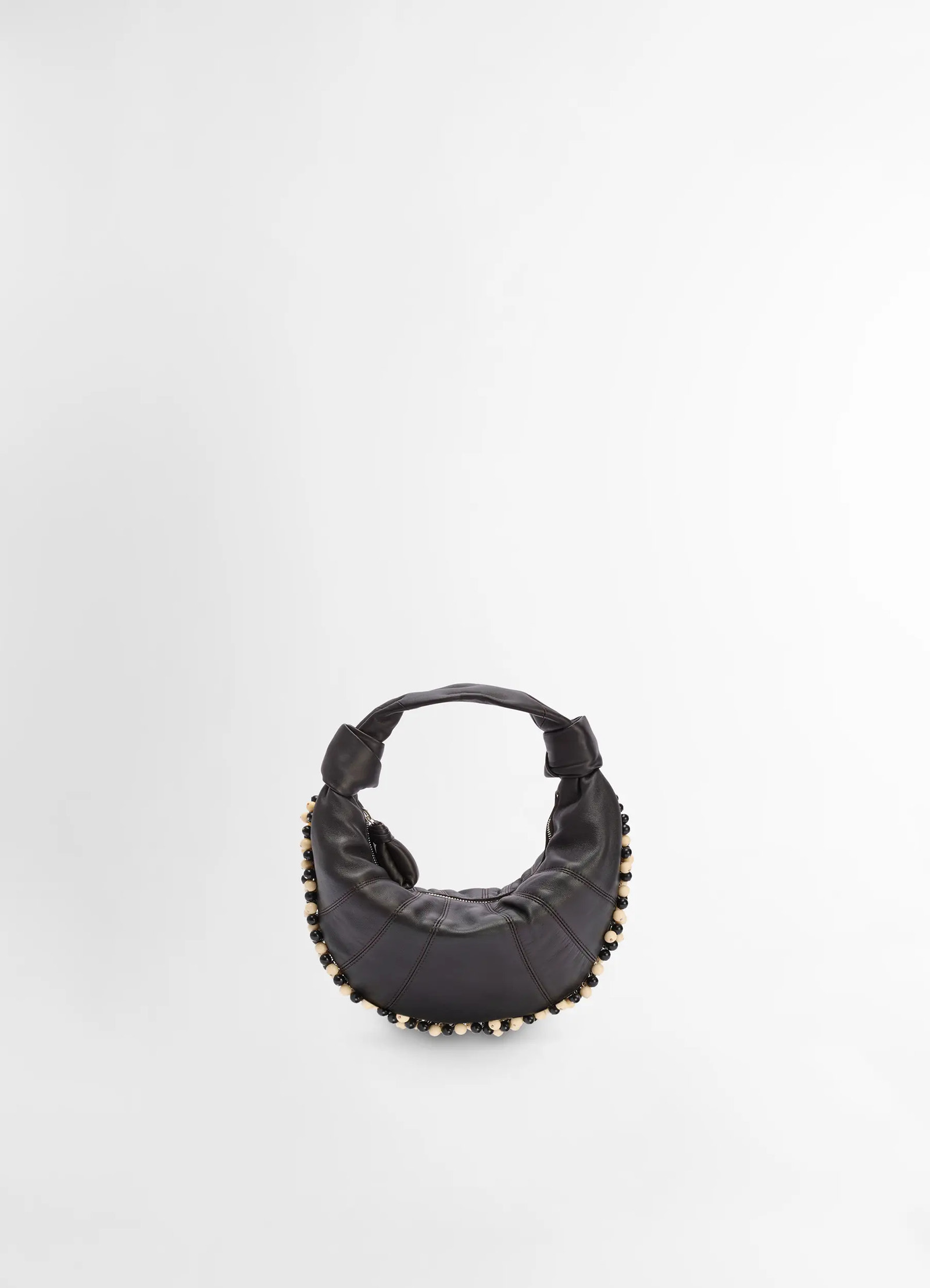 Mini fortune bag with beads in soft nappa lamb leather, product shot, back view beaded trim detail