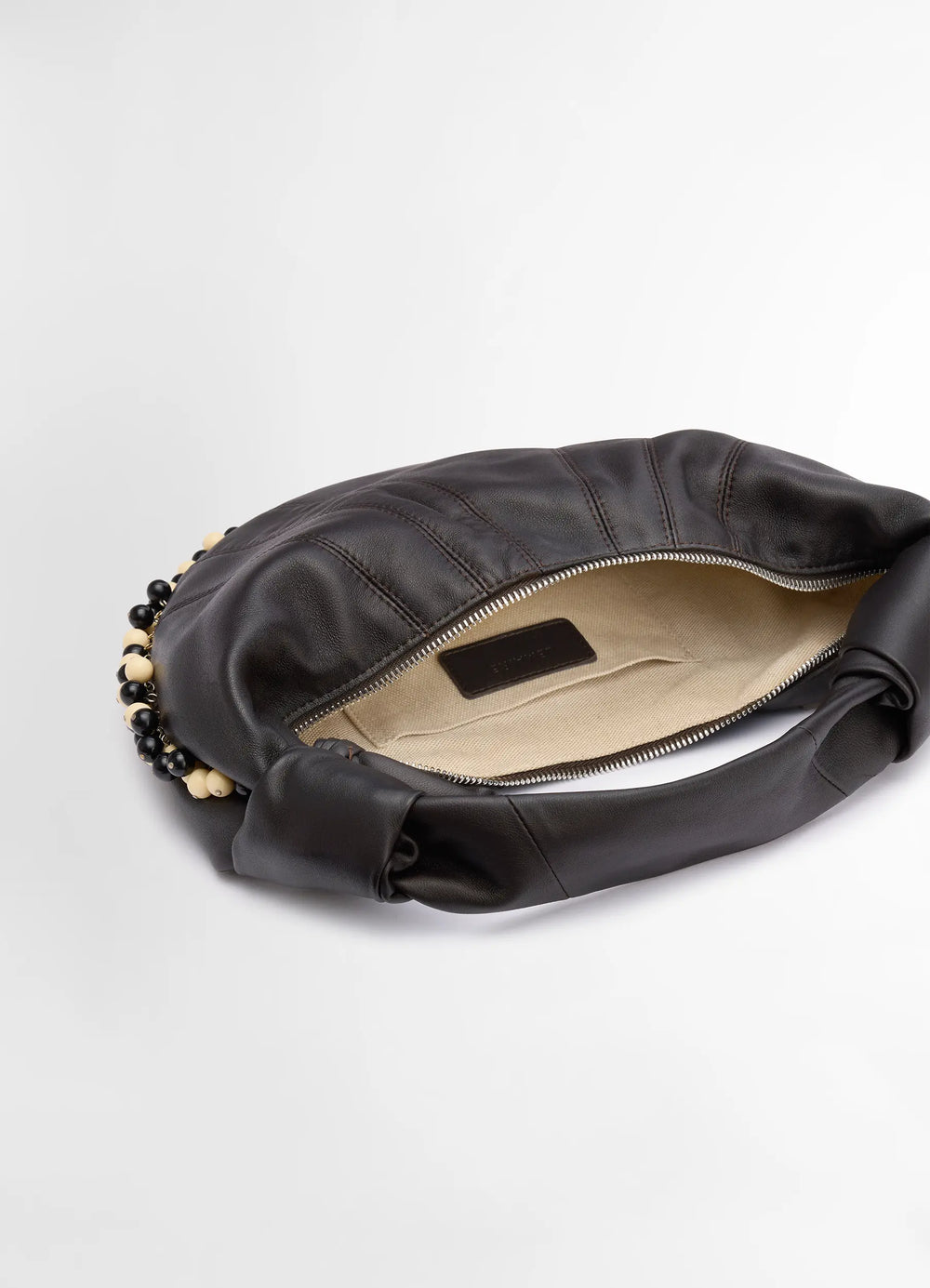 Mini Fortune Bag with Beads in Soft Nappa Lamb Leather, product shot, top interior view zip closure open view