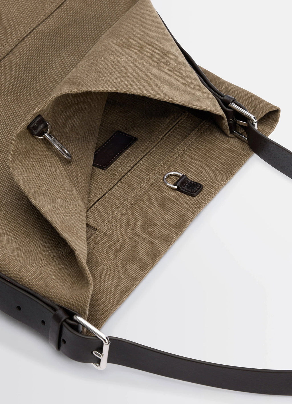Belted Tote Bag in Heavy Cotton Canvas, product shot, interior detail shot belted interior features