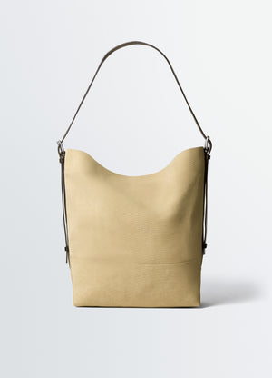 Belted tote bag in cotton canvas, product shot, front view vegetable-tanned leather strap