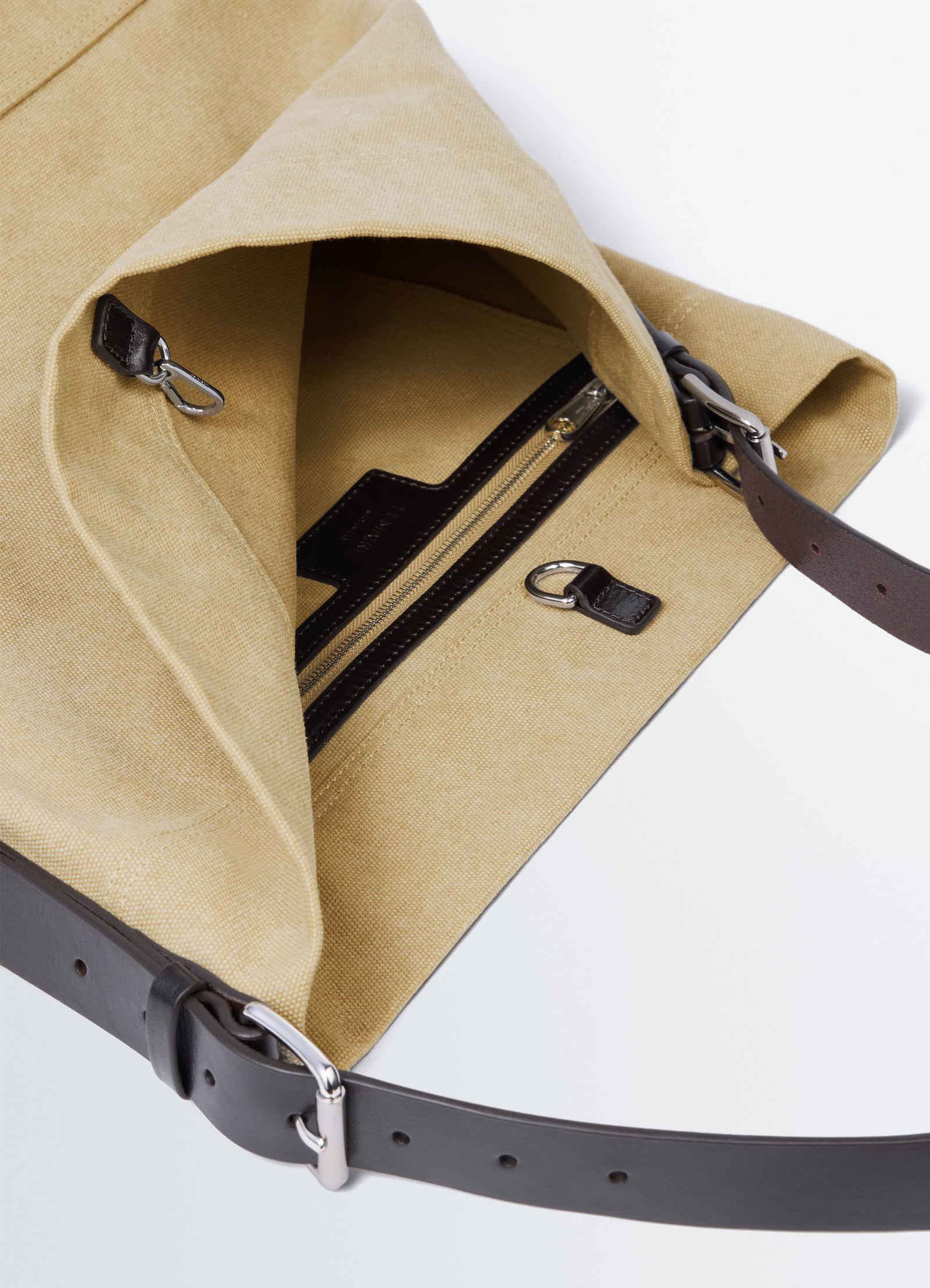 Belted tote bag in cotton canvas, product shot, interior detail shot zippered pocket, silver loop