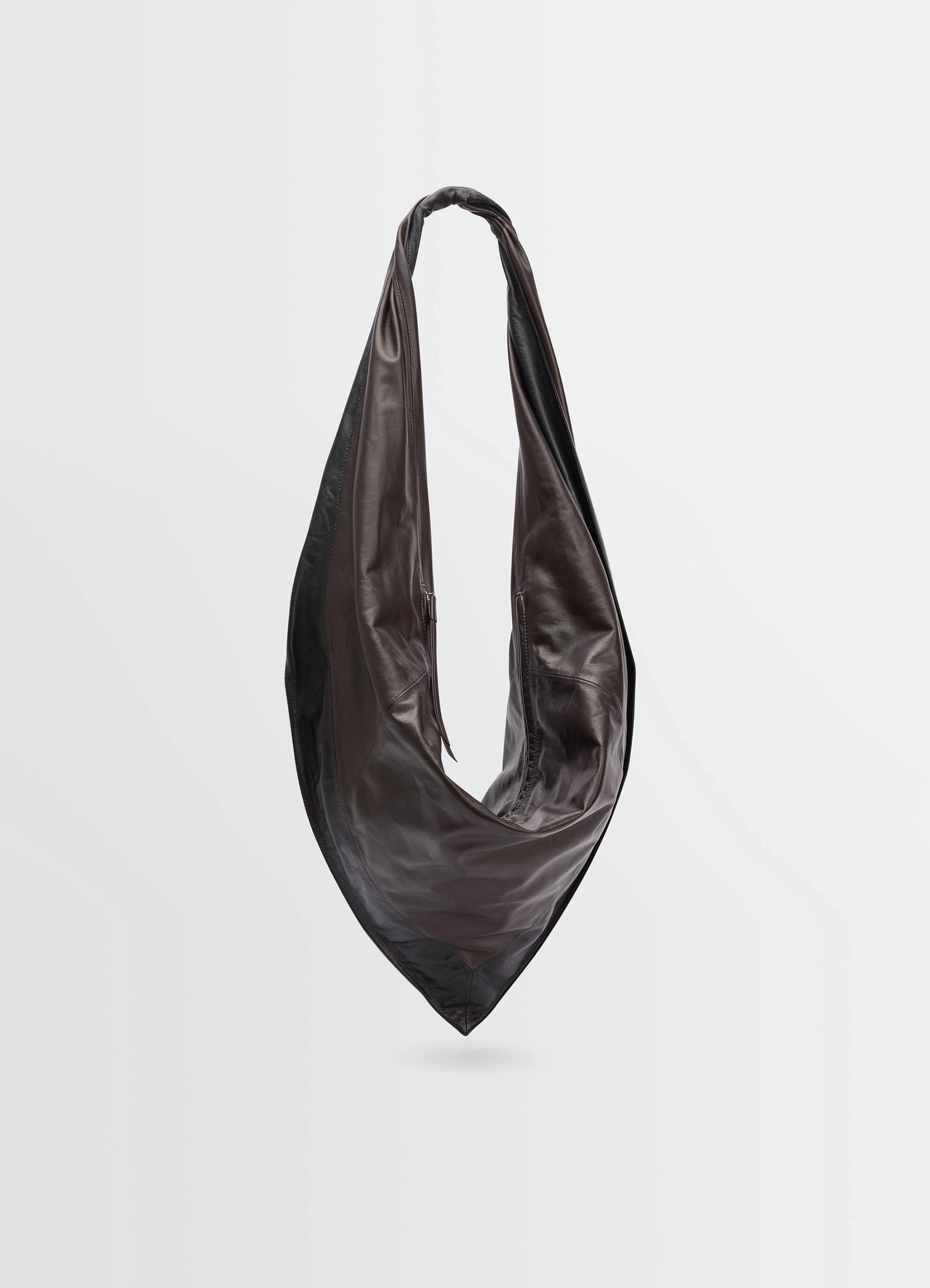 Lemaire scarf bag in nappa leather, product shot, front view twisted shoulder strap