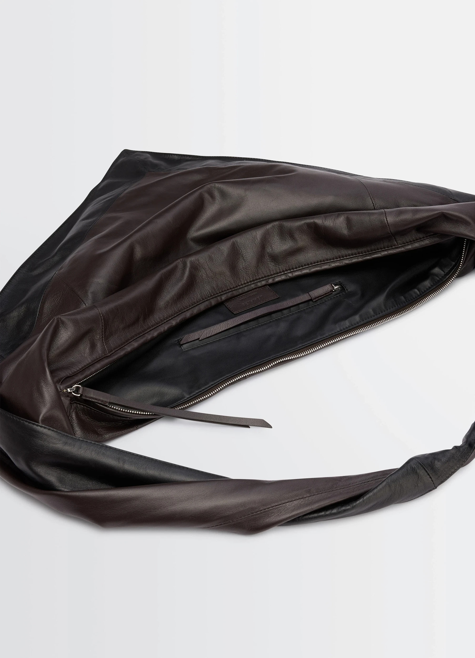 Lemaire scarf bag in nappa leather, product shot, top detail shot open zipper pouch view