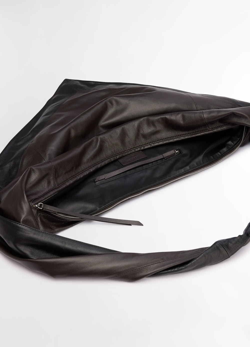 Lemaire Scarf Bag in nappa leather, product shot, top view exposed zipper detail