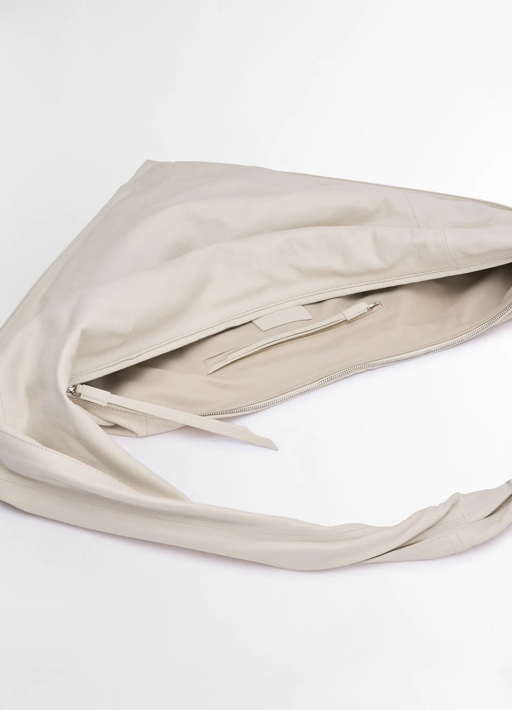 Lemaire Scarf Bag in Nappa Leather, product shot, top open view inside zip pocket, soft finish
