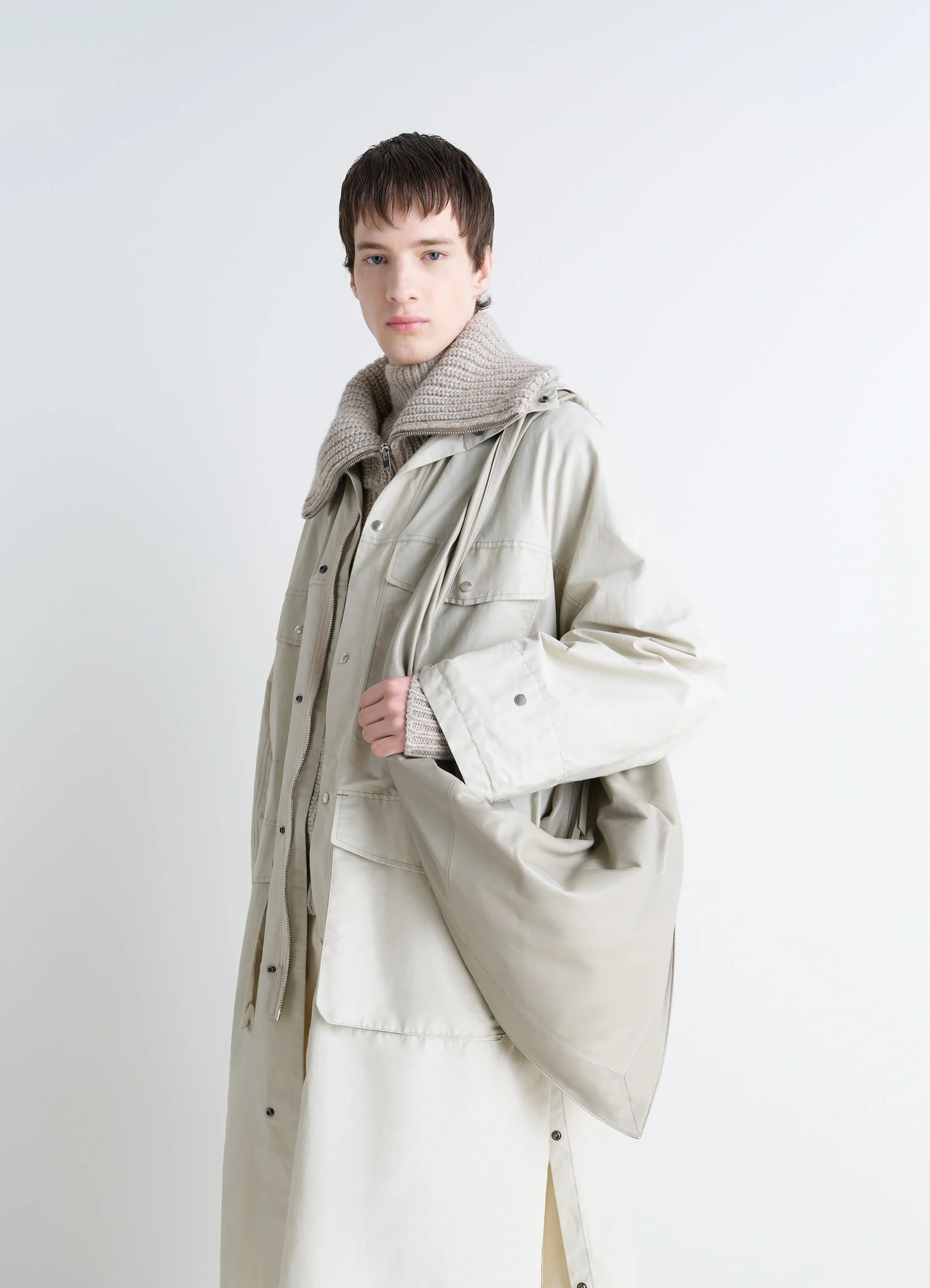 Lemaire scarf bag in nappa leather, model shot, side view worn on shoulder