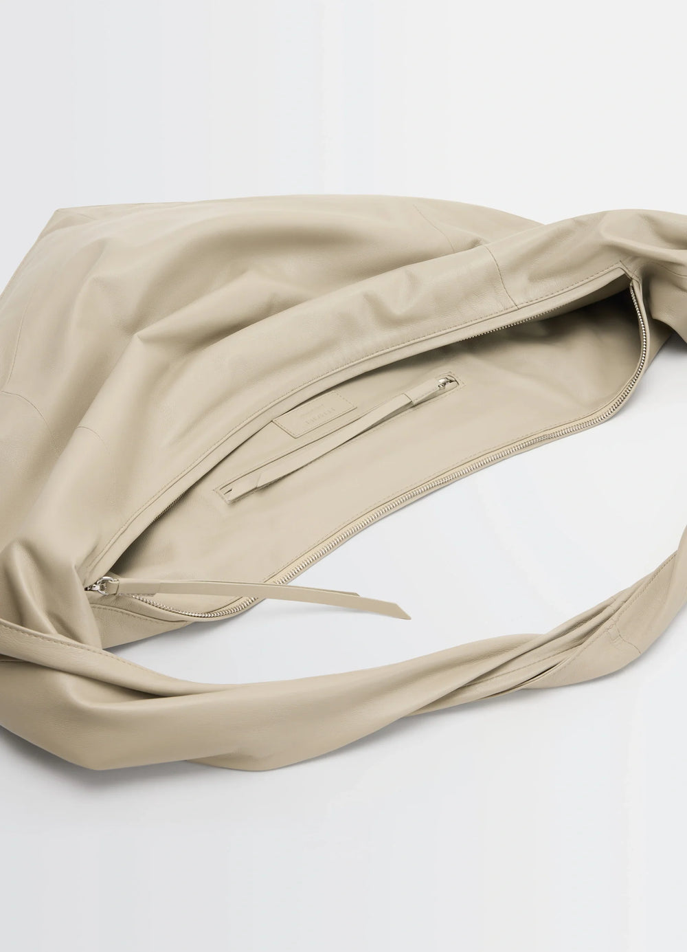 Lemaire Scarf Bag in Nappa Leather, product shot, top interior view zippered pocket detail