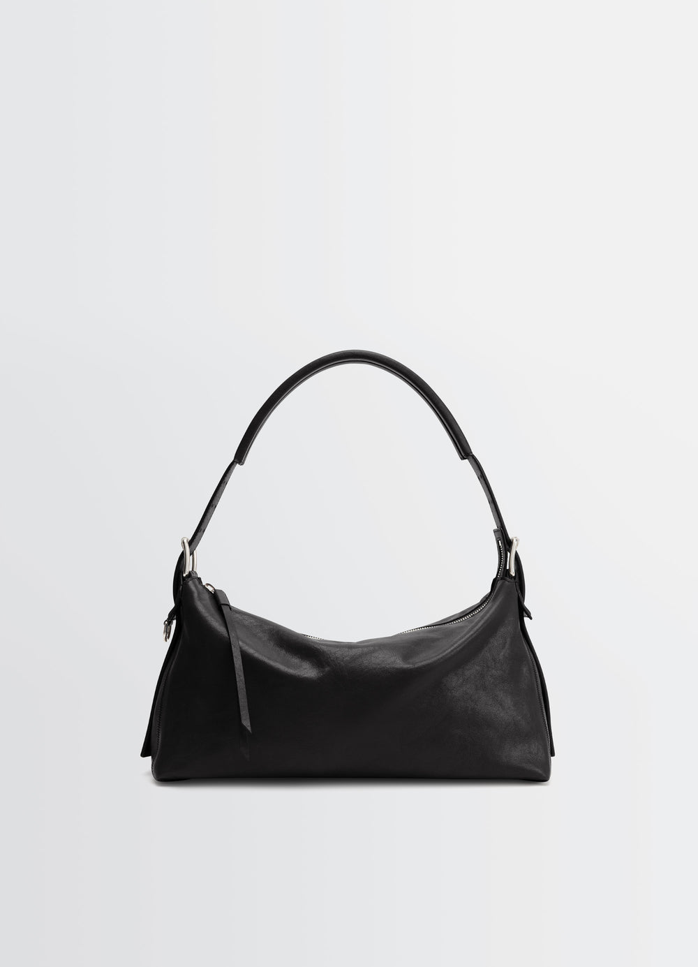 Belted Baguette Bag in Shiny Paper Lux Leather, product shot, side view curved top handle