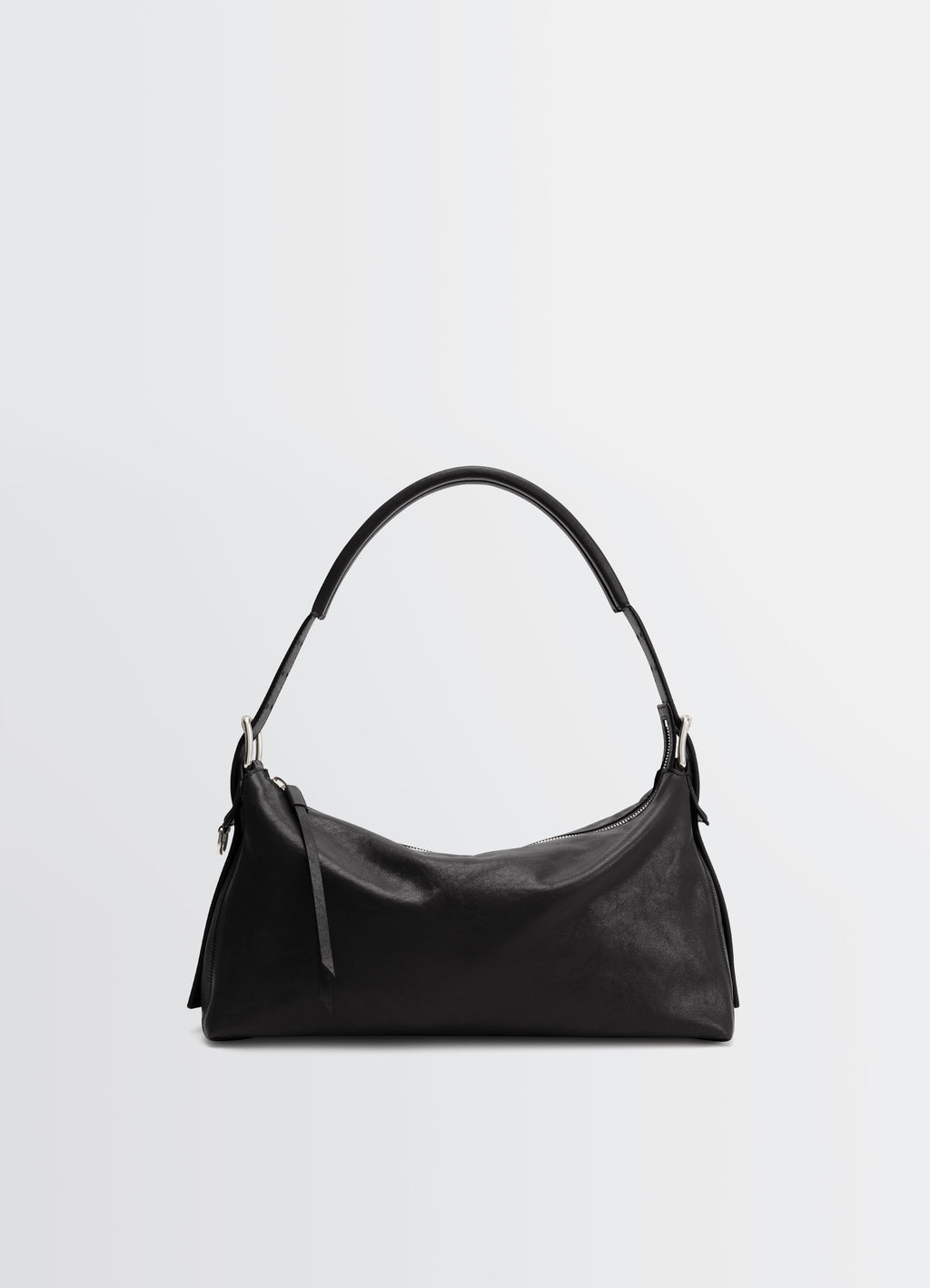 Belted Baguette Bag in Shiny Paper Lux Leather, product shot, side view curved top handle
