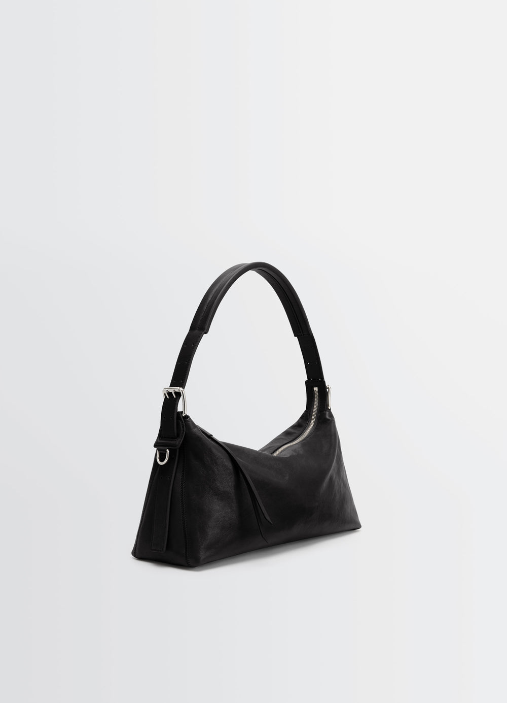 Belted Baguette Bag in Shiny Paper Lux Leather, product shot, three-quarter view sleek triangular profile