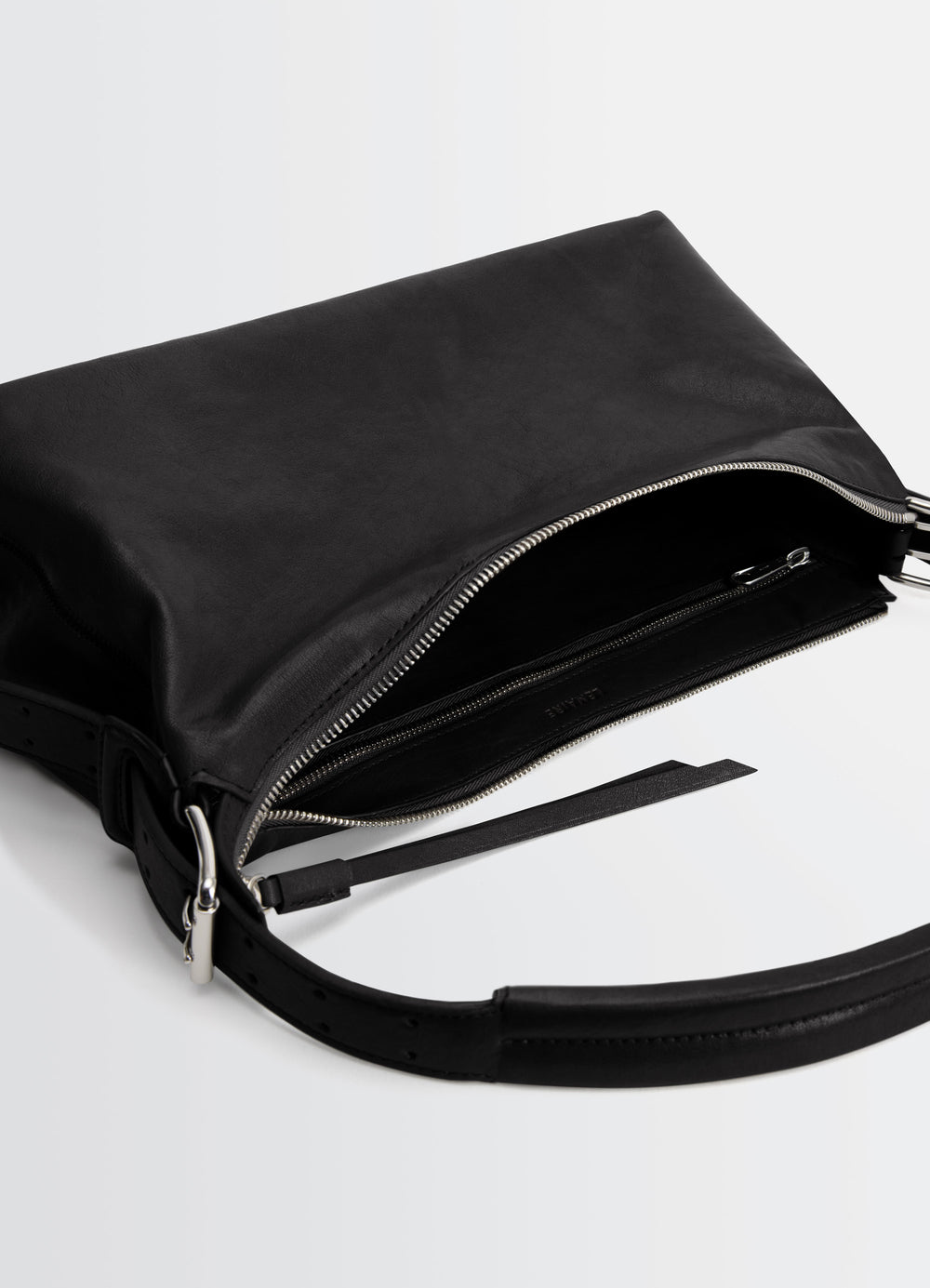 Belted Baguette Bag in Shiny Paper Lux Leather, product shot, top zipper view open spacious interior