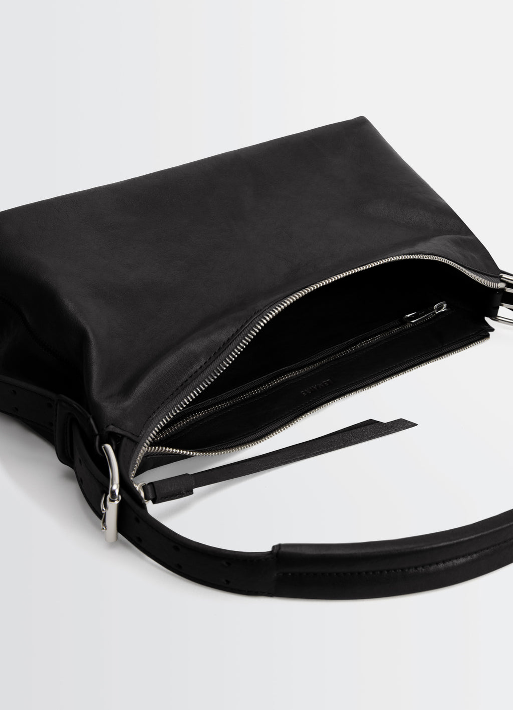 Belted Baguette Bag in Shiny Paper Lux Leather, product shot, top zipper view open spacious interior