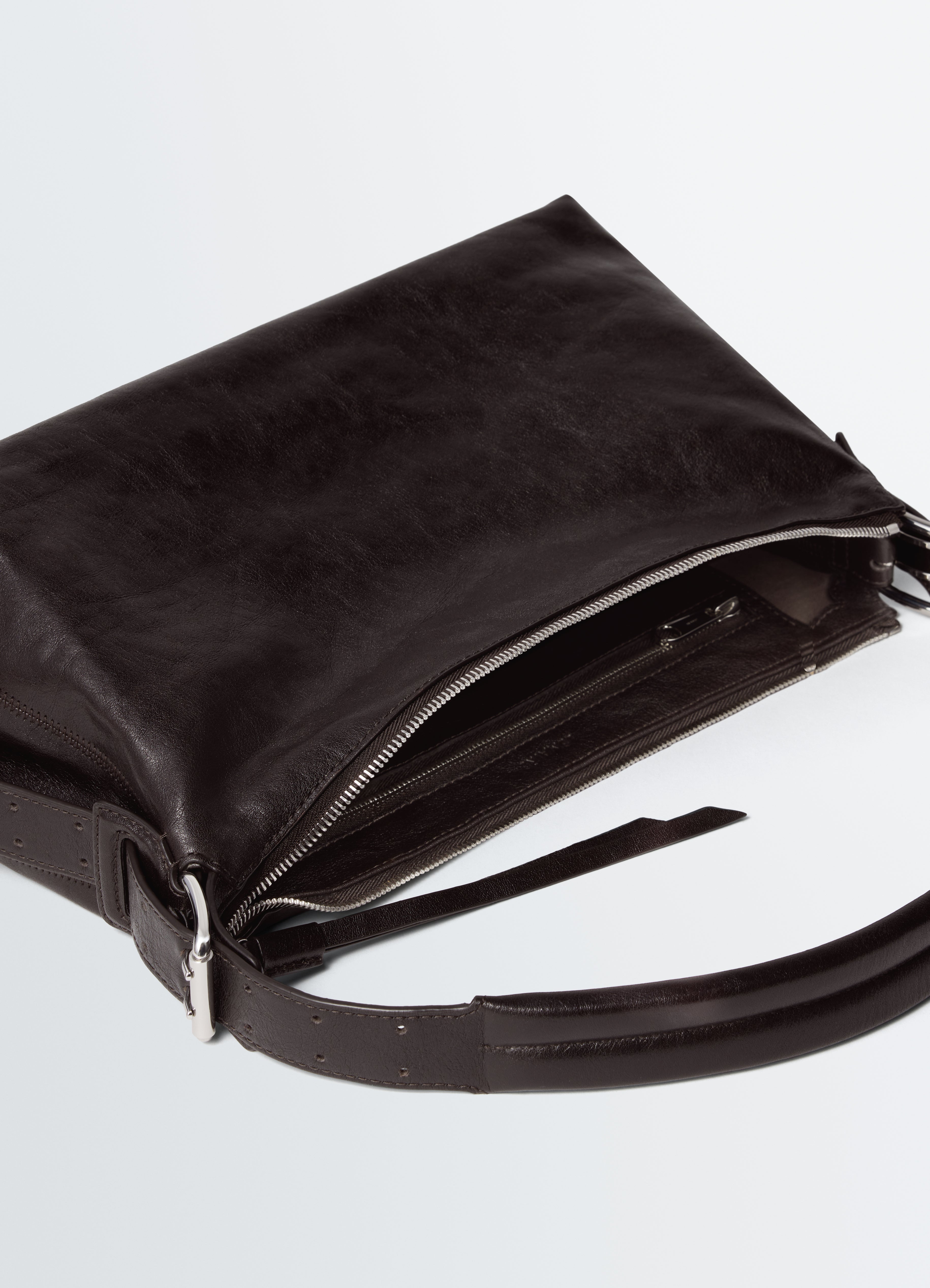 BELTED BAGUETTE BAG IN LEATHER - Dark Chocolate - Paper Lux