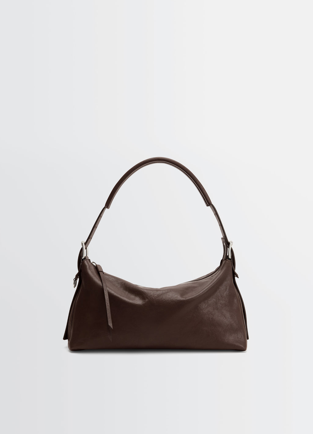 Belted Baguette Bag in Brown Paper Lux Leather, product shot, front view curved handle design