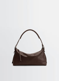 Belted Baguette Bag in Brown Paper Lux Leather, product shot, front view curved handle design