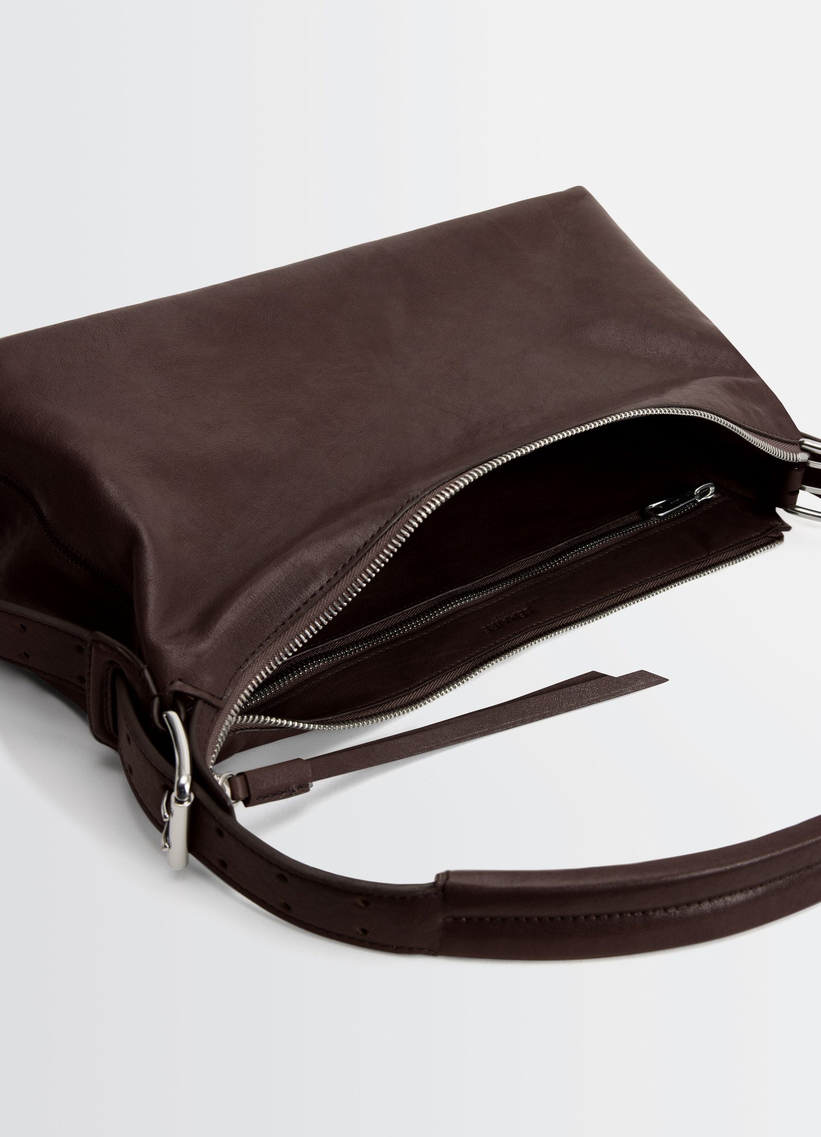 Belted baguette bag in brown paper lux leather, product shot, top zipper detail soft leather finish