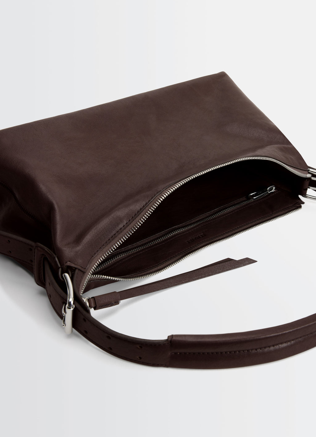 Belted Baguette Bag in Brown Paper Lux Leather, product shot, top zipper detail soft leather finish
