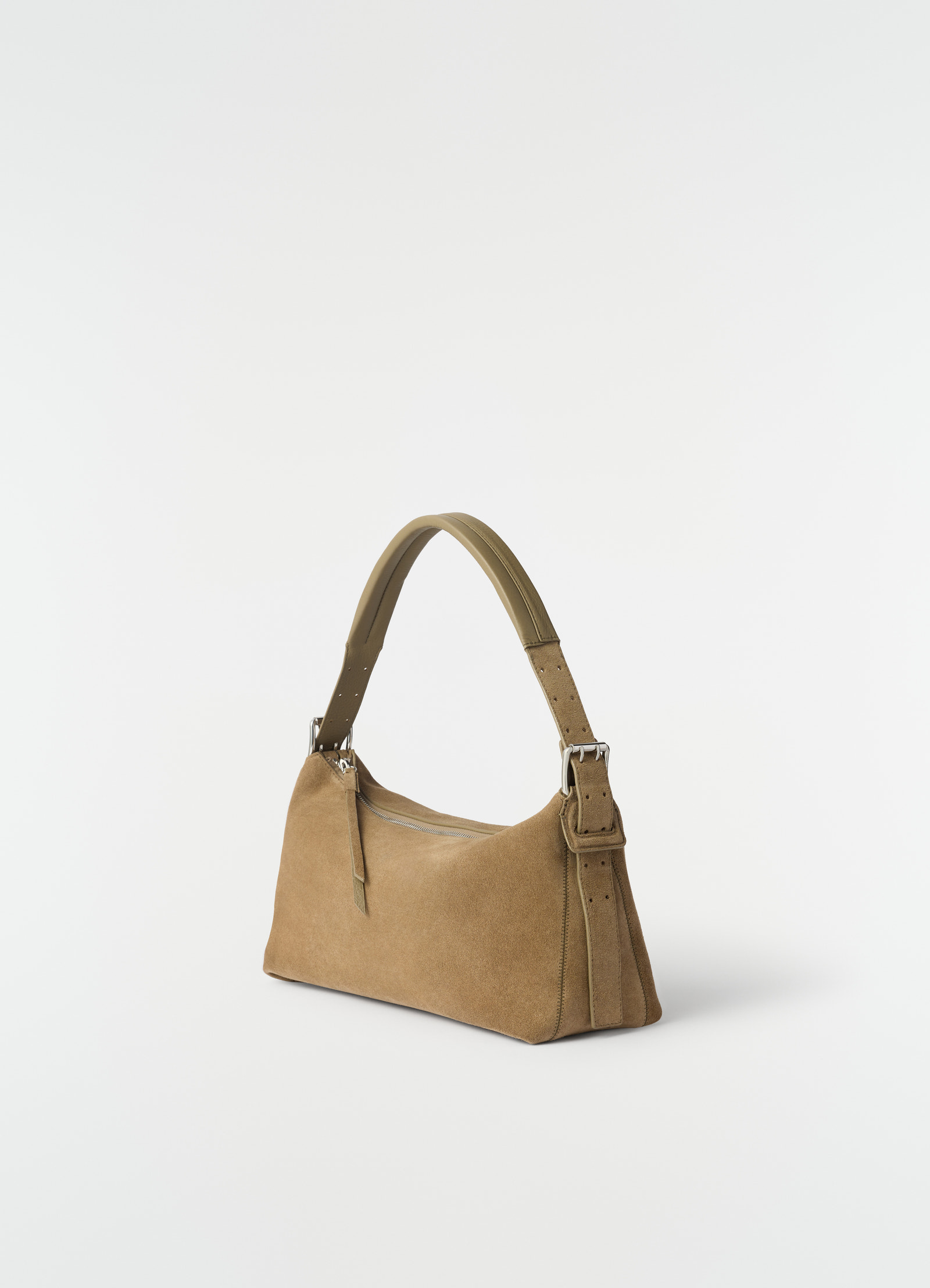Belted baguette bag in suede leather