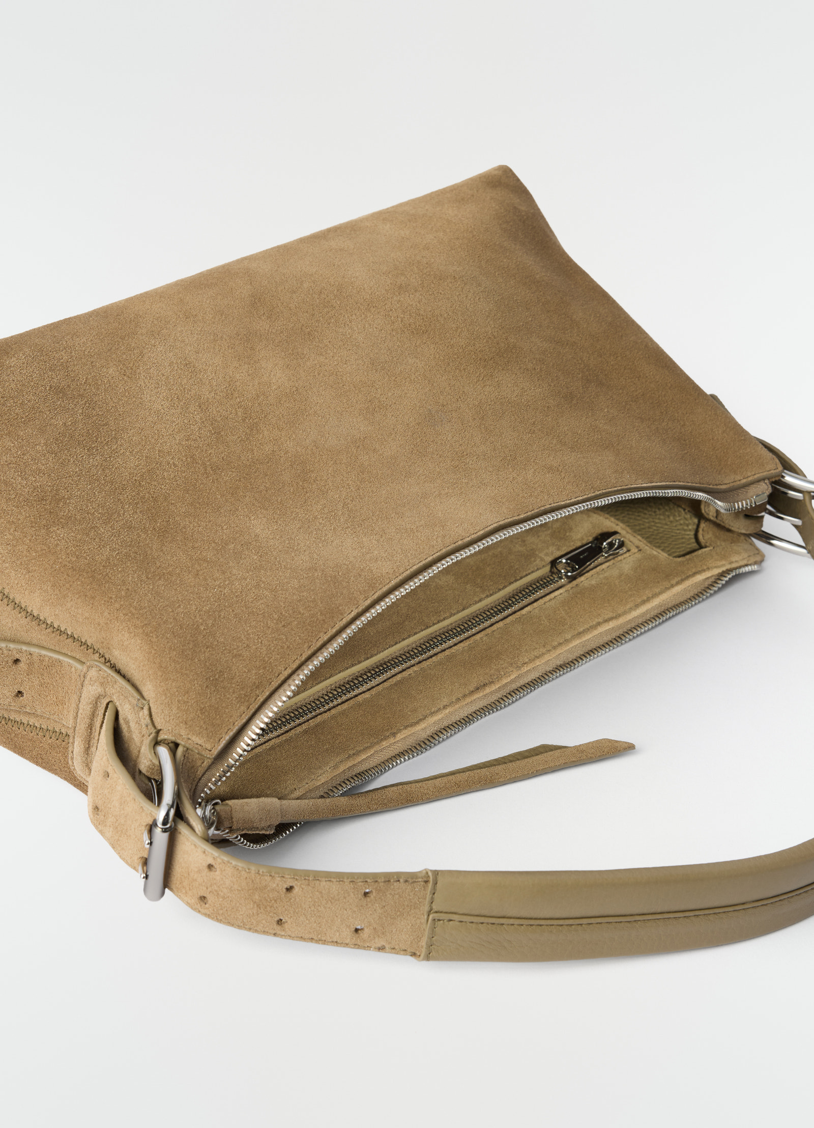 Belted baguette bag in suede leather
