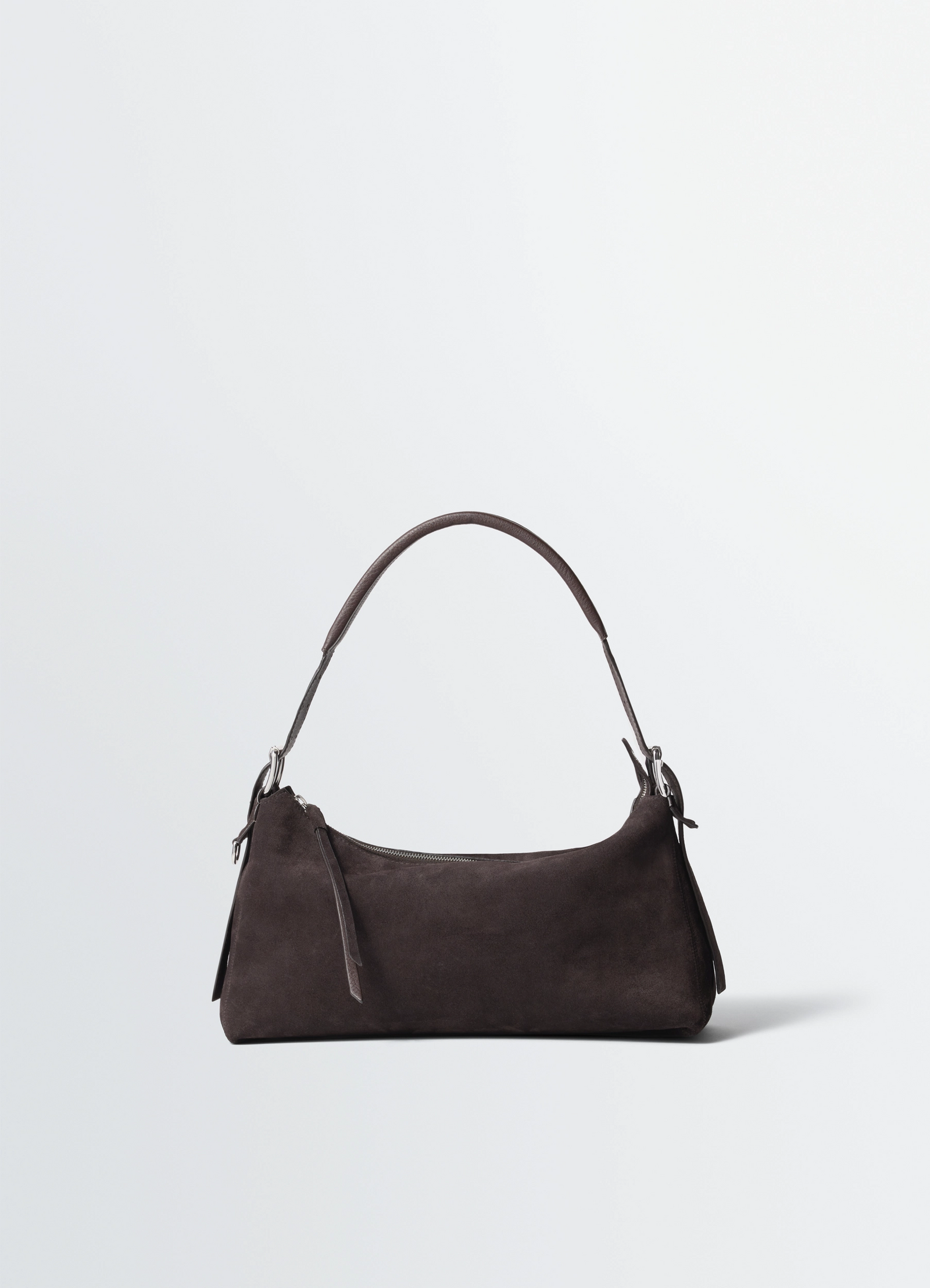 Belted baguette bag in suede leather, product shot, front view baguette shape