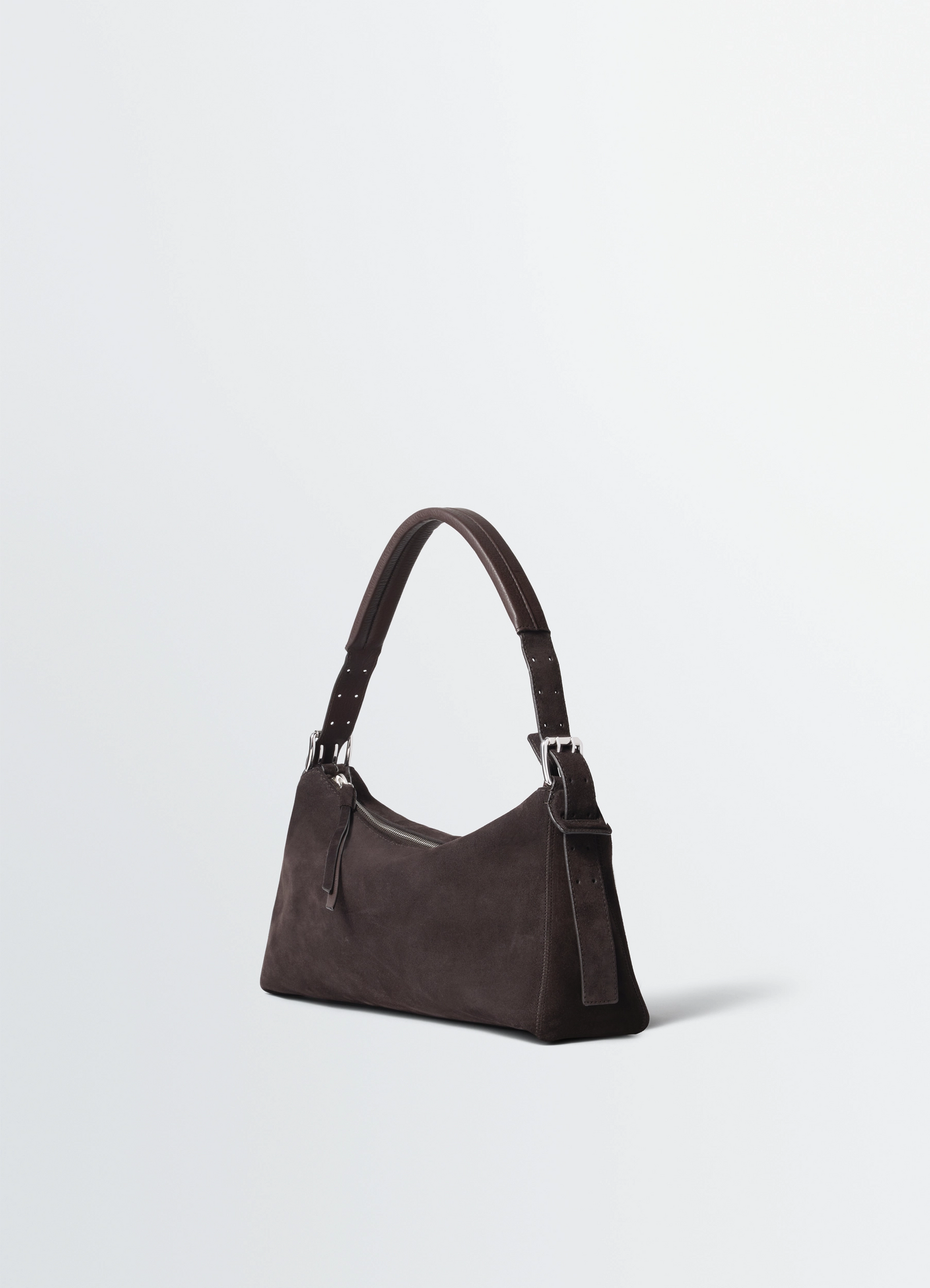 Belted baguette bag in suede leather, product shot, three-quarter view adjustable strap