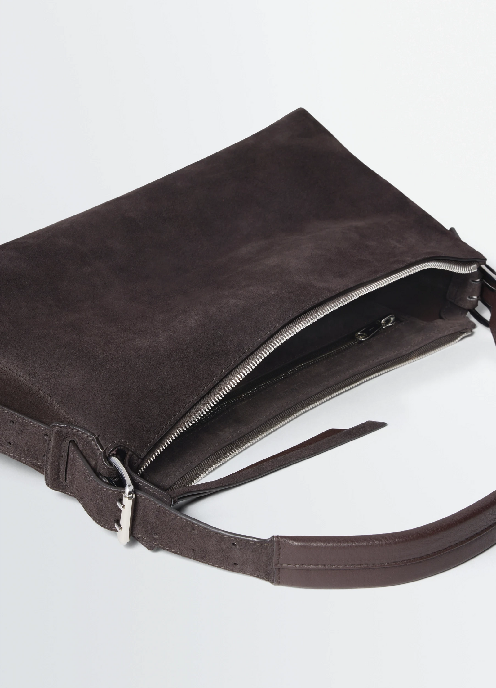 Belted baguette bag in suede leather, product shot, top angle open zipper view