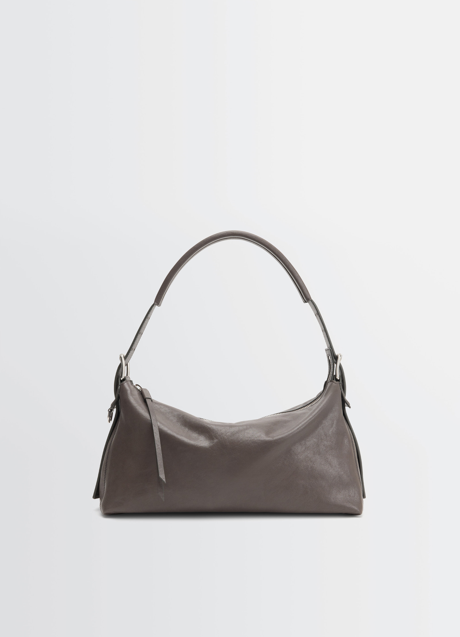 Belted baguette bag in paper lux leather, product shot, front view sleek design