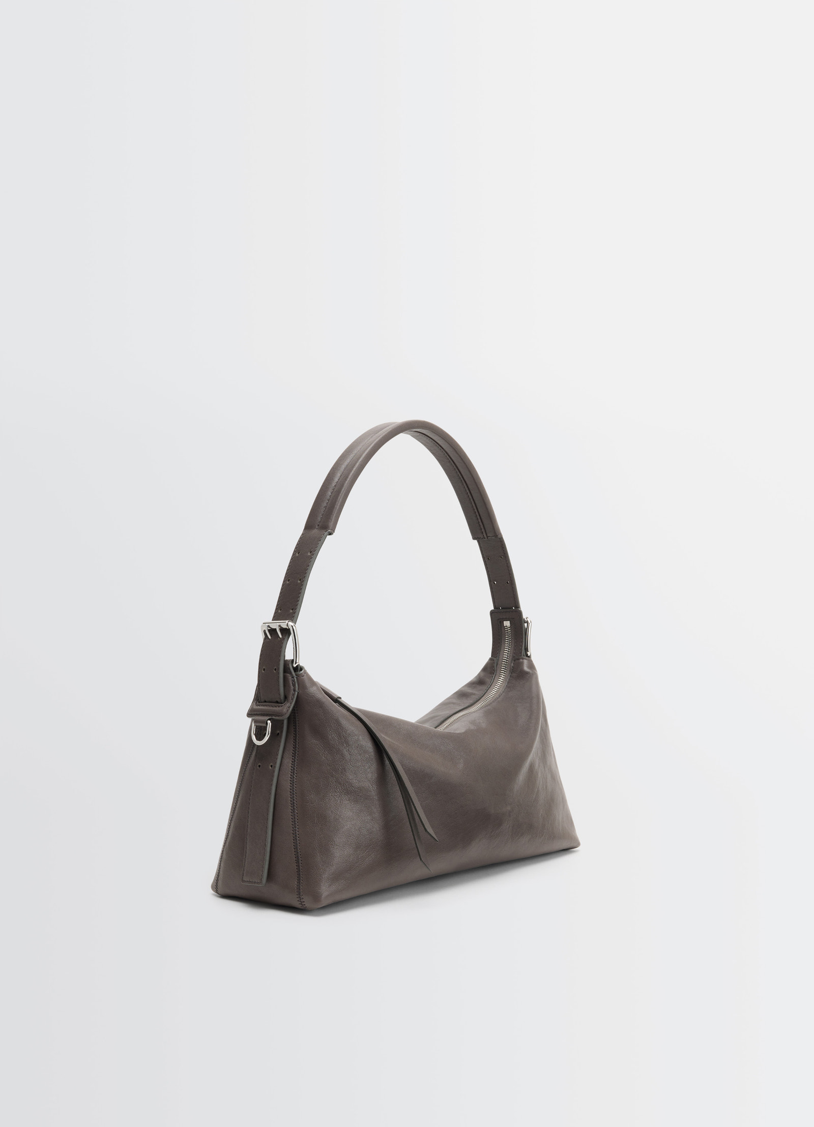 Belted baguette bag in paper lux leather, product shot, three-quarter view textured mature finish