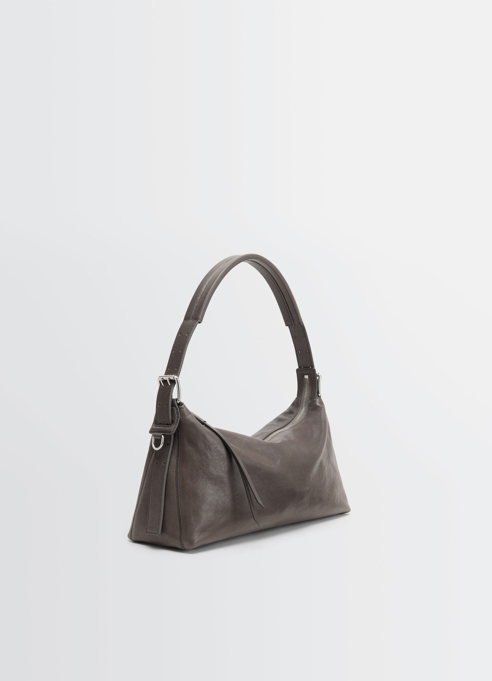 Belted Baguette Bag in Paper Lux Leather, product shot, three-quarter view textured mature finish