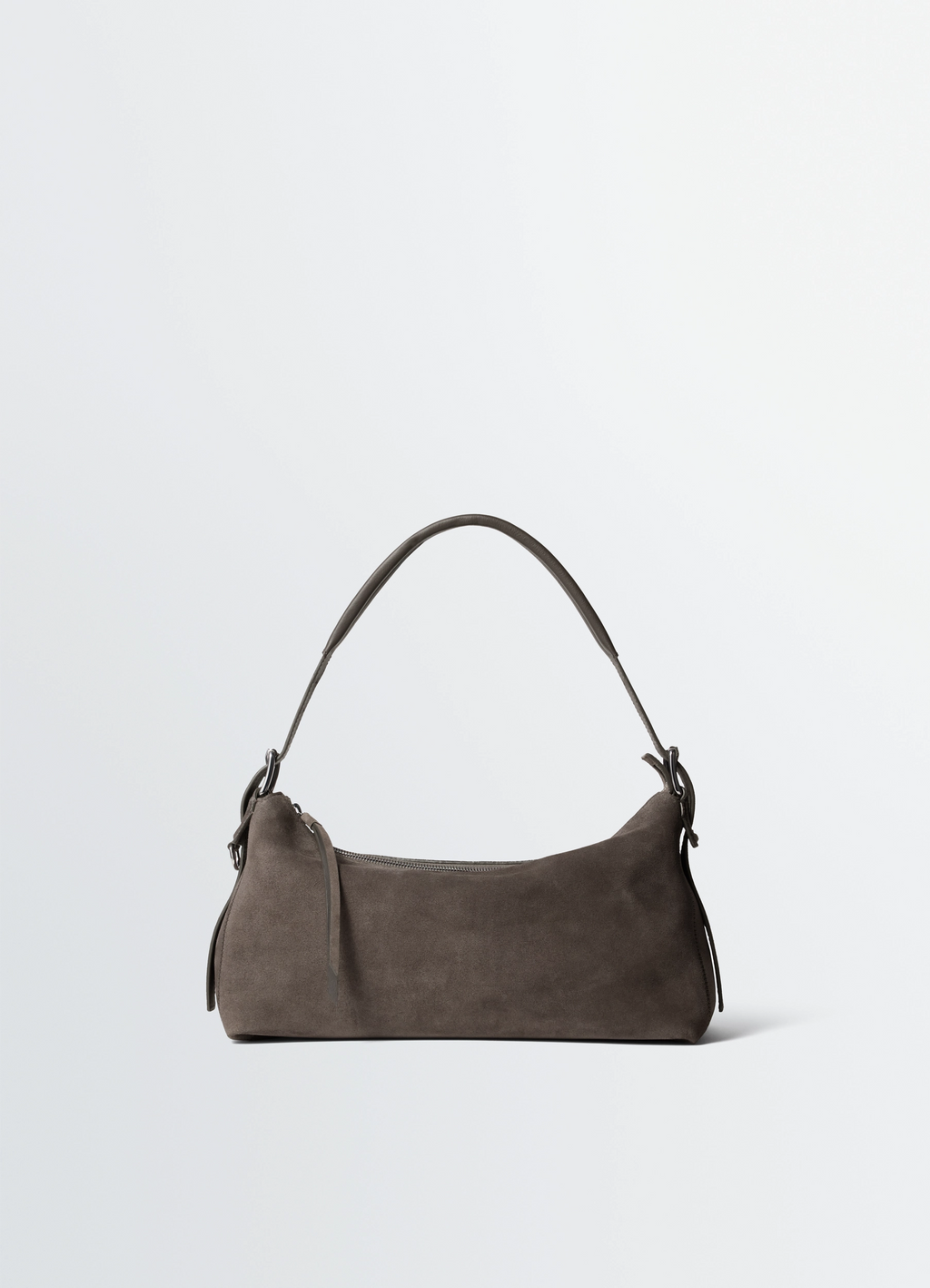 Belted Baguette Bag in Dark Taupe Suede, product shot, front view smooth finish